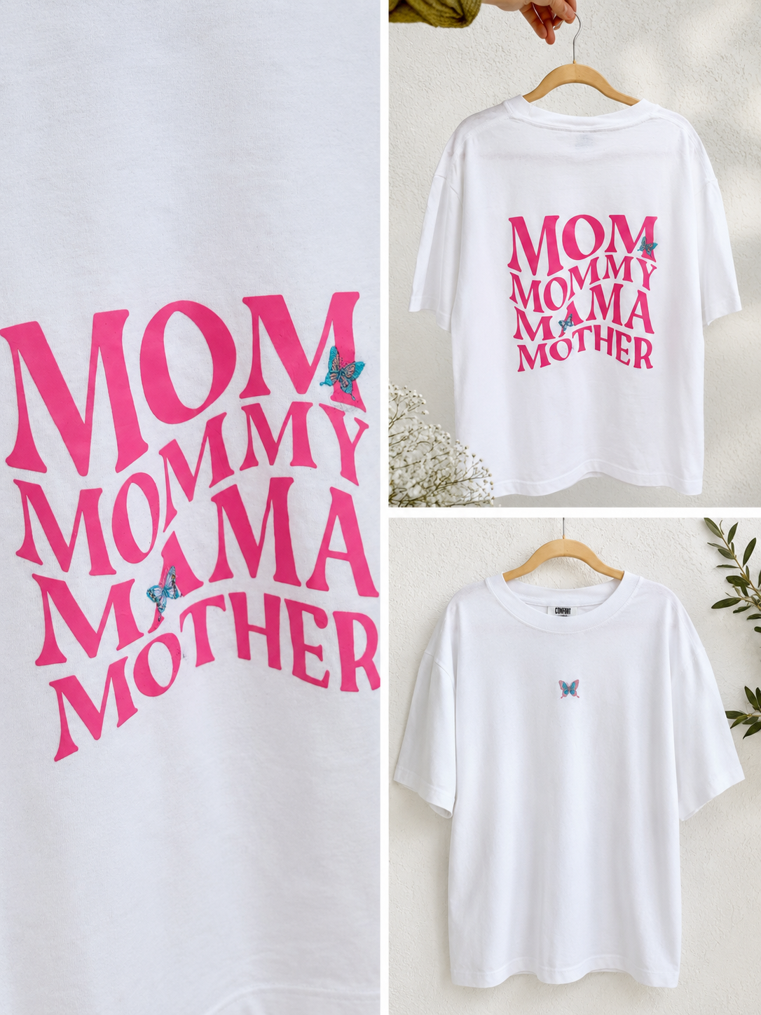 Pink & Blue Mom Embroidered Butterflies and Screen Printed Shirt