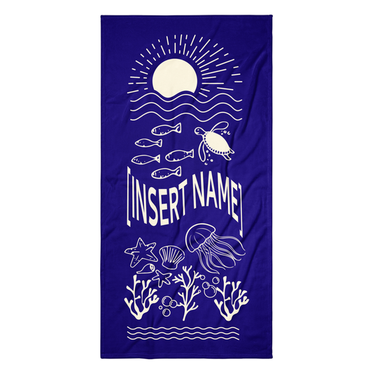 Navy Blue & Yellow Under The Sea Large Beach Towel - Custom Name